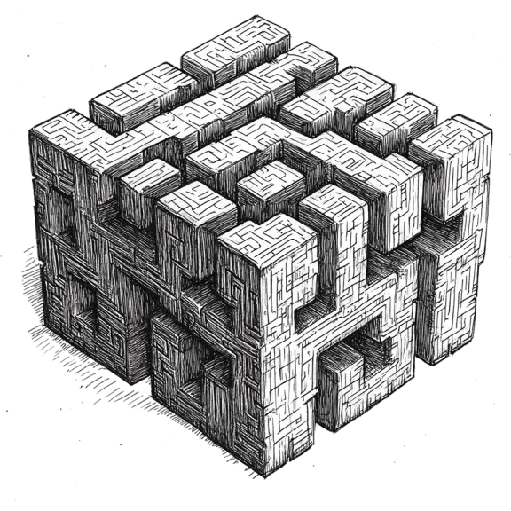 A hand drawn puzzle cube in scratchy black pen